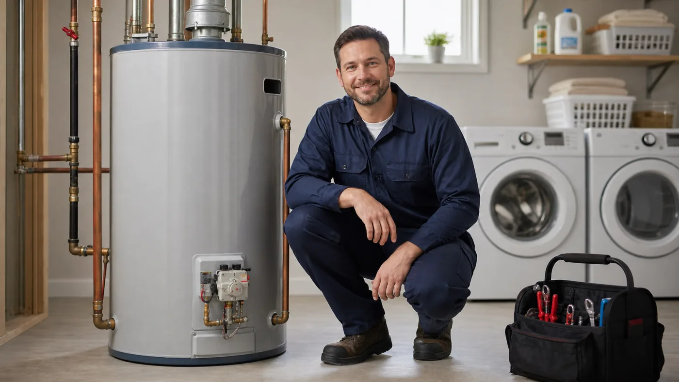 Friendly plumber beside a residential water heater in a utility room